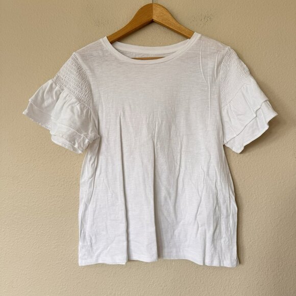 LOFT Women's Ruffle Tee Size Medium White T Shirt Smocked New Flutter - Picture 2 of 9